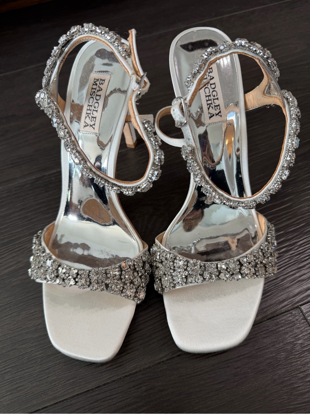 Badgley Mischka Silver Jeweled Open-Strap Heels